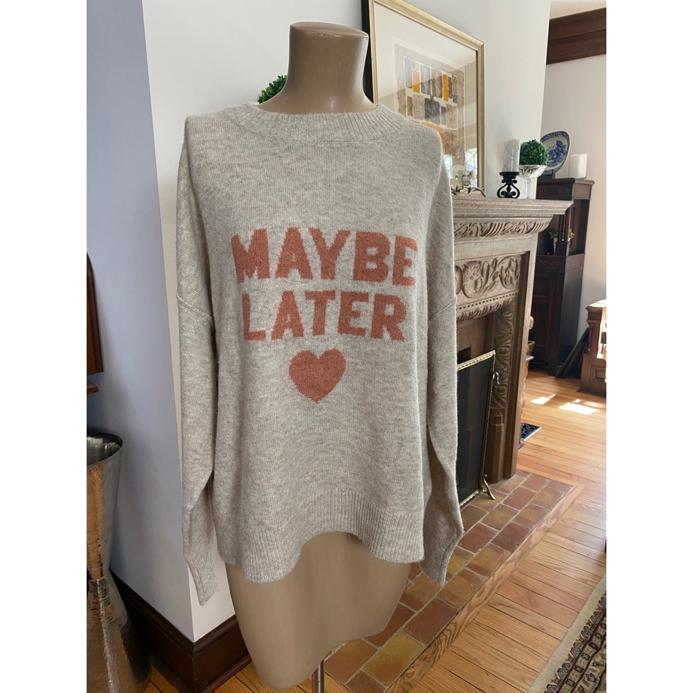 American Eagle Maybe Later Heart Graphic Sweater Oatmeal Heather Medium Womens